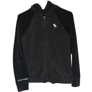 Y2K Abercrombie Velour Jacket Hoodie Small Black Glitter Logo Full Zip Pockets